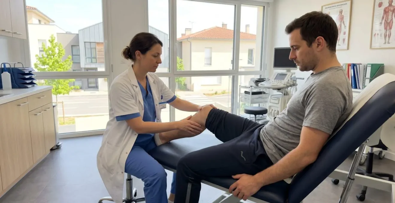 Un chirurgien orthopédiste examine le genou d'un patient allongé sur une table d'examen, effectuant un test de stabilité ligamentaire dans un cabinet médical moderne