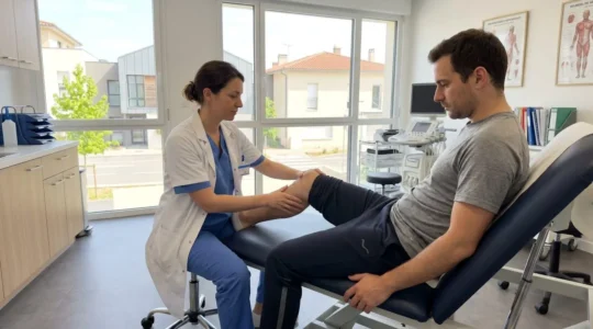 Un chirurgien orthopédiste examine le genou d'un patient allongé sur une table d'examen, effectuant un test de stabilité ligamentaire dans un cabinet médical moderne