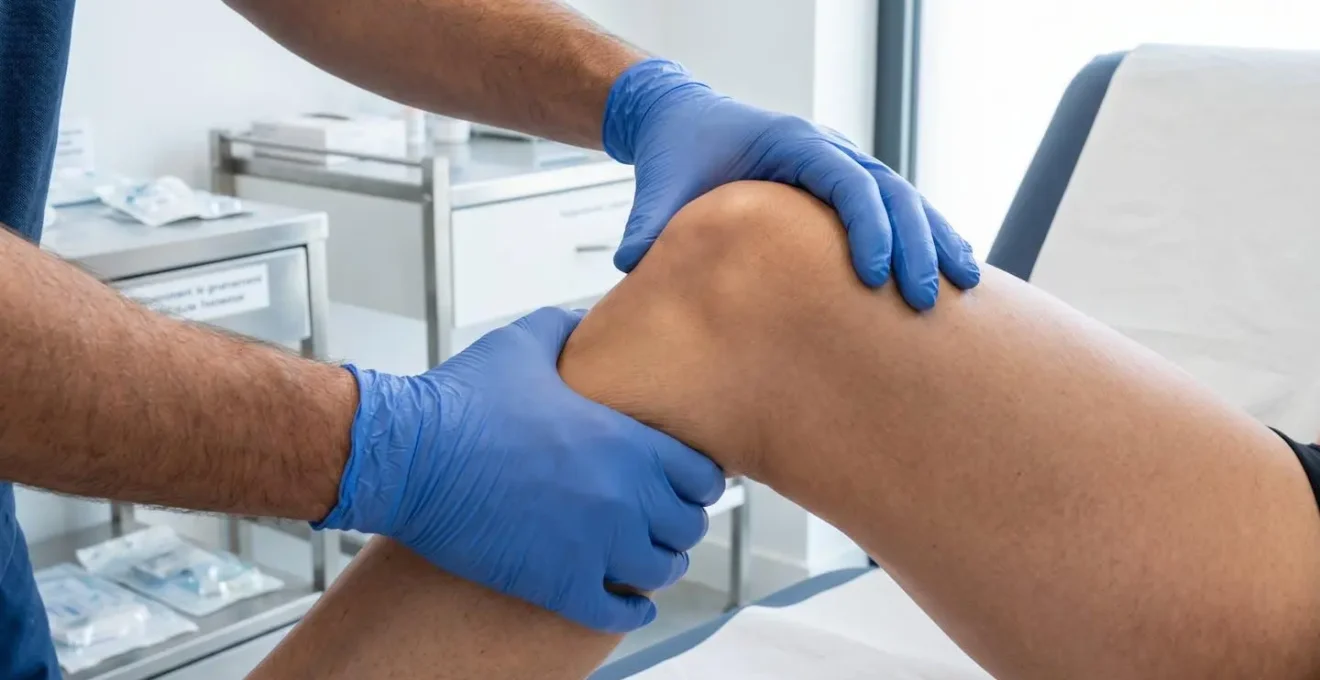 Gros plan sur les mains gantées d'un médecin effectuant un test de Lachman sur le genou d'un patient, avec un arrière-plan médical flou créant un effet de profondeur
