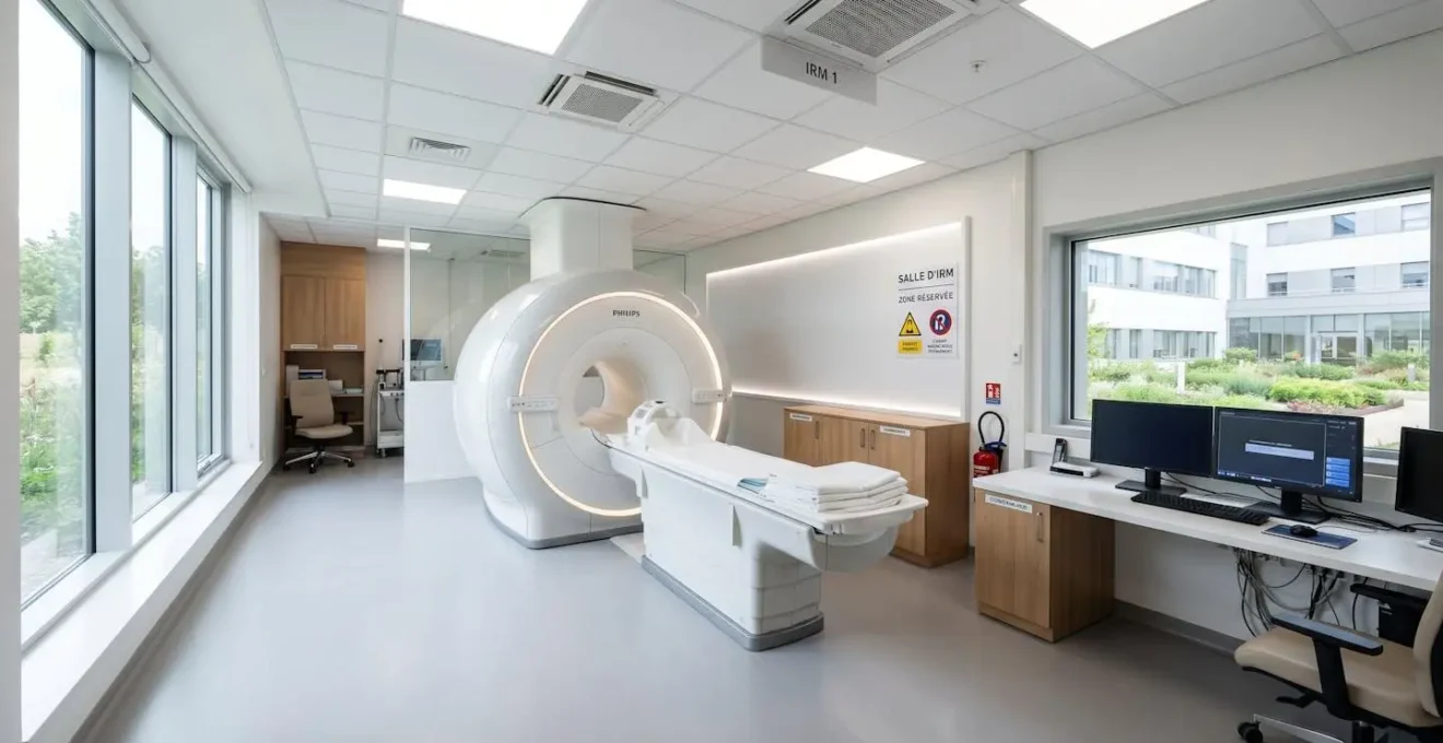 Vue en grand angle d'une salle IRM moderne et vide avec un appareil fermé, dans un centre de radiologie français contemporain inondé de lumière naturelle